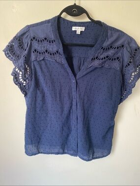 Navy Lace-Trim Swiss Dot Short Sleeve Blouse